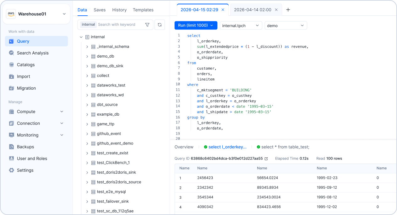 VeloDB Cloud console preview