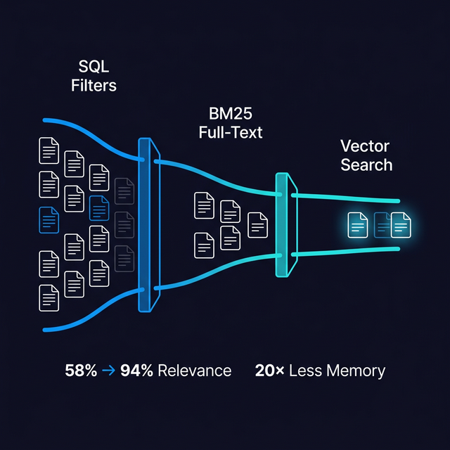 Progressive filtering: SQL filters → BM25 full-text → Vector search, achieving 58% to 94% relevance with 20× less memory